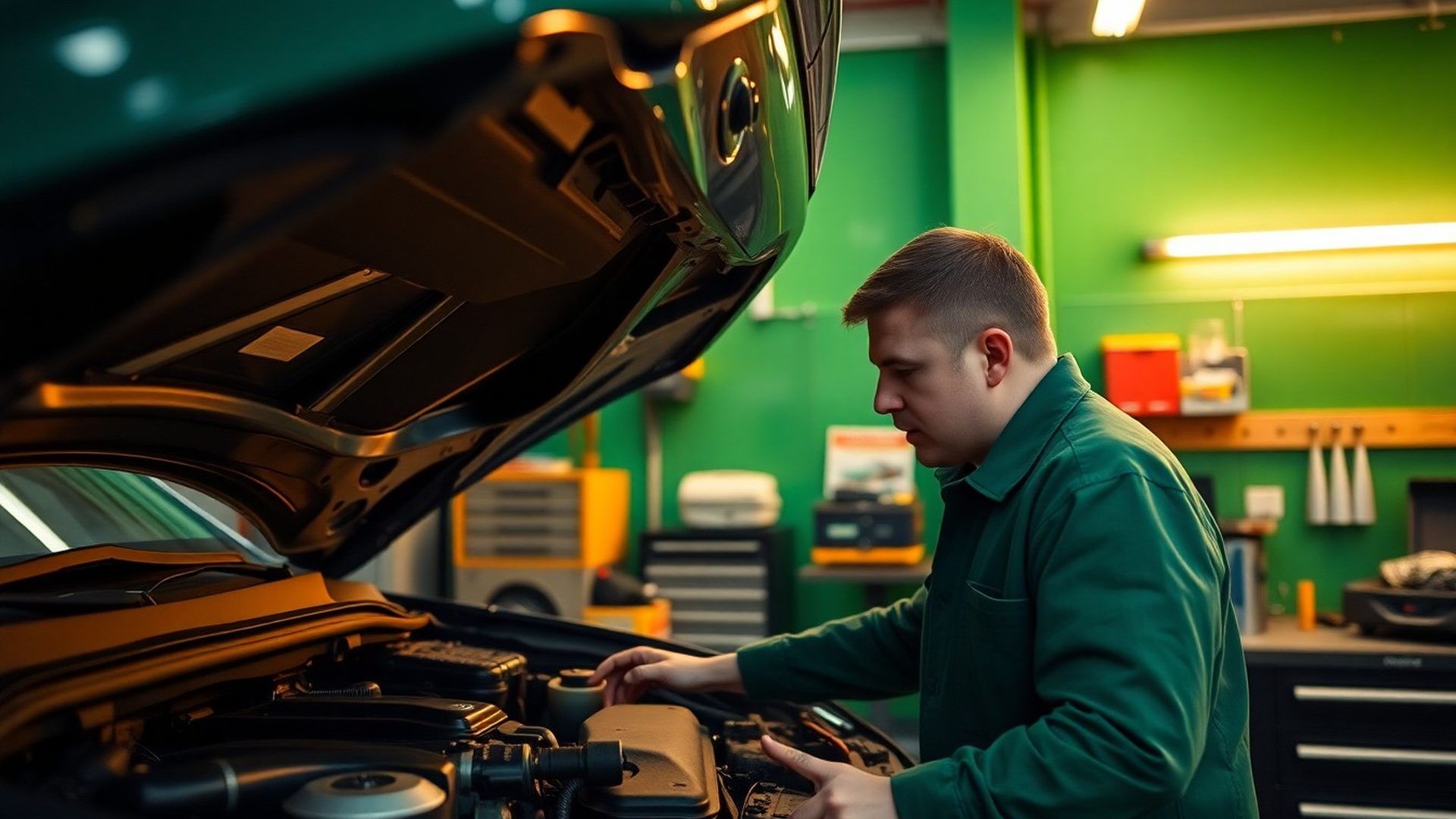 Tehnician Terraonova inspectând compartimentul motor într-un atelier luminos din Brașov