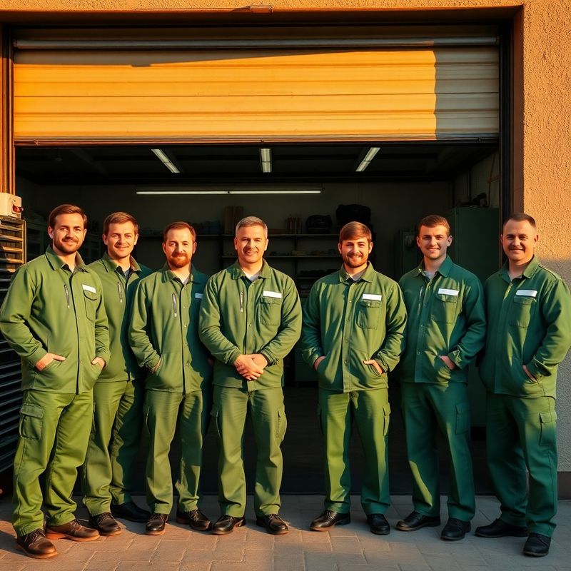 Echipa Terraonova, opt tehnicieni în uniforme verde smarald, în fața atelierului din Brașov